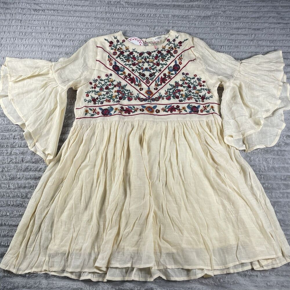 UMGEE Embroidered Lined Mini Dress Large Boho Peasant Flowy Gauze Bell Sleeve